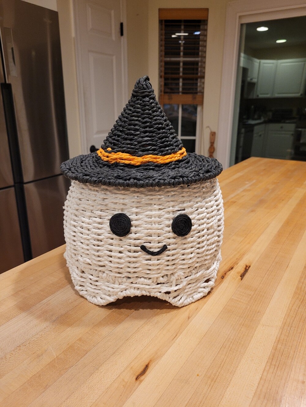 Handcrafted White Wicker Ghost Basket with Black Witch Hat